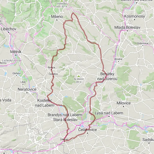 Miniaturní mapa "Mezi Brandýsem a Zelencem" inspirace pro cyklisty v oblasti Střední Čechy, Czech Republic. Vytvořeno pomocí plánovače tras Tarmacs.app
