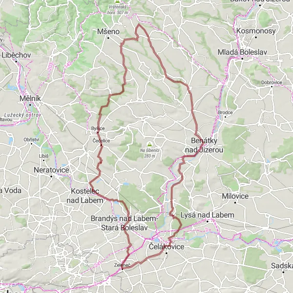 Mapa miniatúra "Okolím Brandýsa a Vyhlídkovou věží" cyklistická inšpirácia v Střední Čechy, Czech Republic. Vygenerované cyklistickým plánovačom trás Tarmacs.app