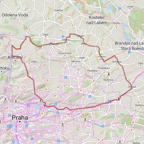 Map miniature of "Zeleneč Čertousy Gravel Ride" cycling inspiration in Střední Čechy, Czech Republic. Generated by Tarmacs.app cycling route planner