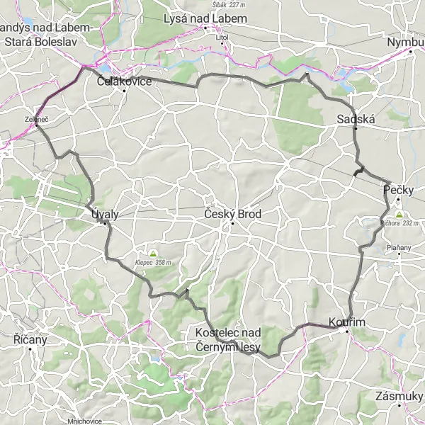 Mapa miniatúra "Road Route: Kouřimské kopce" cyklistická inšpirácia v Střední Čechy, Czech Republic. Vygenerované cyklistickým plánovačom trás Tarmacs.app