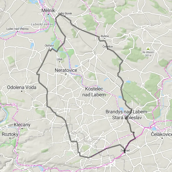 Miniaturní mapa "Přírodní výlet kolem Satalic a Krkavčího vrchu" inspirace pro cyklisty v oblasti Střední Čechy, Czech Republic. Vytvořeno pomocí plánovače tras Tarmacs.app