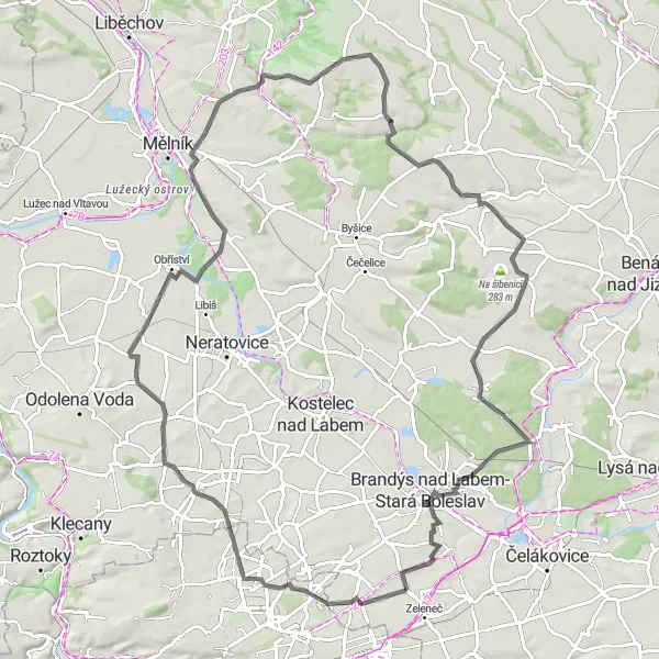 Map miniature of "Zeleneč Líbeznice Road Loop" cycling inspiration in Střední Čechy, Czech Republic. Generated by Tarmacs.app cycling route planner