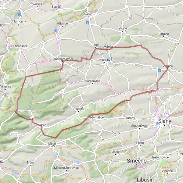 Miniaturní mapa "Cyklistická trasa Zlonice - Drchkov - Vrch Řipec - Milý - Hvížďalka - Vyšínek" inspirace pro cyklisty v oblasti Střední Čechy, Czech Republic. Vytvořeno pomocí plánovače tras Tarmacs.app