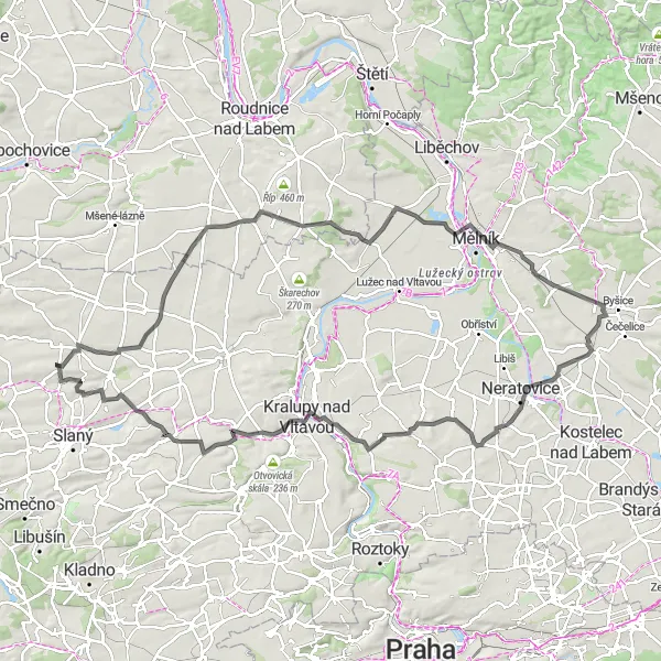 Miniaturní mapa "Cyklistická trasa Zlonice - Hospozín - Černouček - Vavřinec - Předboj - Špičák - Řopík - Žižice - Drchkov" inspirace pro cyklisty v oblasti Střední Čechy, Czech Republic. Vytvořeno pomocí plánovače tras Tarmacs.app