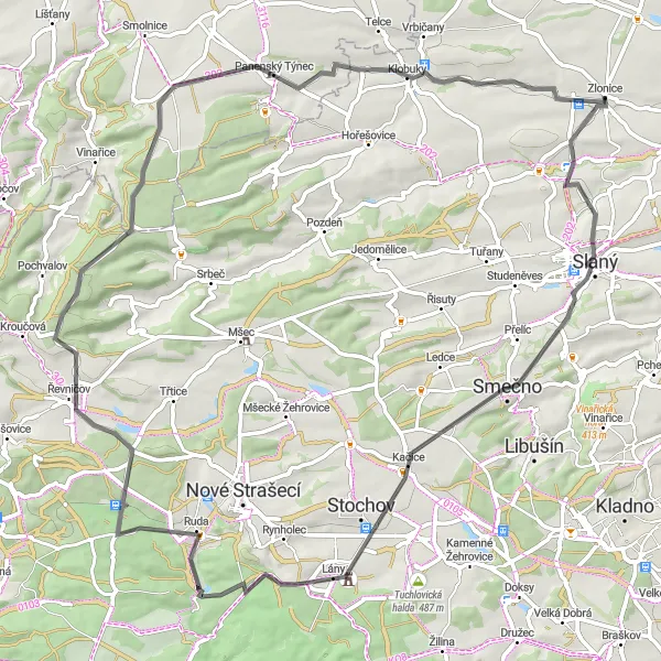 Miniaturní mapa "Cyklotrasa Zlonice - Otruby - Slánská hora - Kačice - Habrová stráň - Řevničov - Hvížďalka - Lisovice" inspirace pro cyklisty v oblasti Střední Čechy, Czech Republic. Vytvořeno pomocí plánovače tras Tarmacs.app