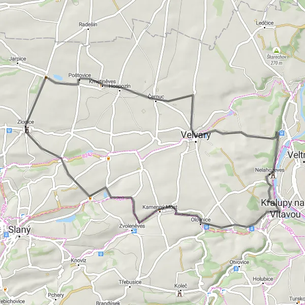 Miniaturní mapa "Road okruh kolem Zlonic" inspirace pro cyklisty v oblasti Střední Čechy, Czech Republic. Vytvořeno pomocí plánovače tras Tarmacs.app