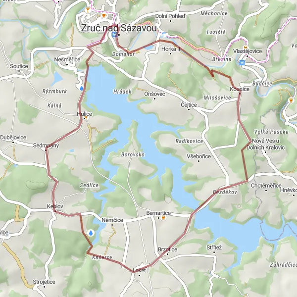 Map miniature of "The Kounice Gravel Loop" cycling inspiration in Střední Čechy, Czech Republic. Generated by Tarmacs.app cycling route planner