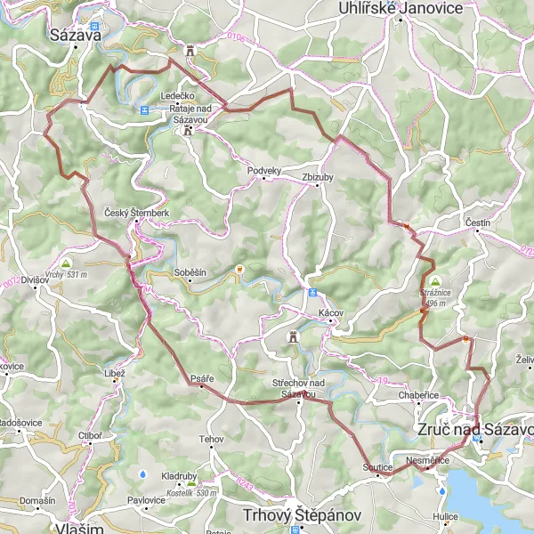 Miniaturní mapa "Gravelová trasa skrz krásnou přírodu" inspirace pro cyklisty v oblasti Střední Čechy, Czech Republic. Vytvořeno pomocí plánovače tras Tarmacs.app