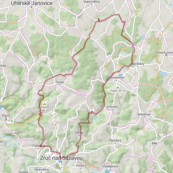 Miniaturní mapa "Okružní trasa okolo Zruče nad Sázavou" inspirace pro cyklisty v oblasti Střední Čechy, Czech Republic. Vytvořeno pomocí plánovače tras Tarmacs.app
