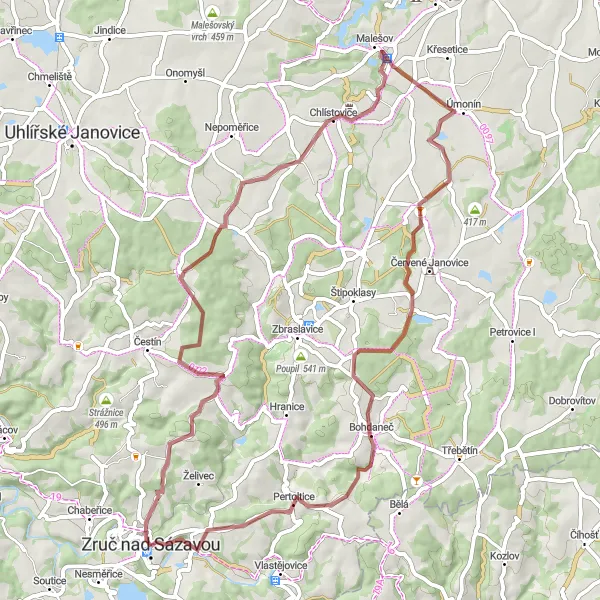 Miniaturní mapa "Gravelový okruh kolem Zruče nad Sázavou" inspirace pro cyklisty v oblasti Střední Čechy, Czech Republic. Vytvořeno pomocí plánovače tras Tarmacs.app