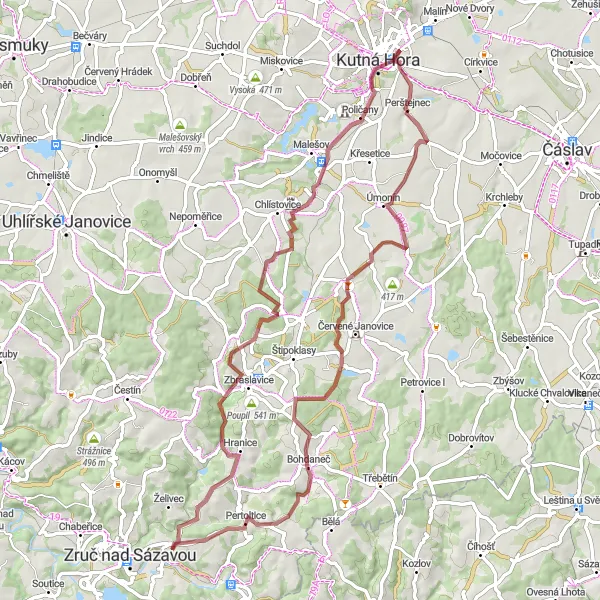 Miniaturní mapa "Gravelová trasa plná překvapení" inspirace pro cyklisty v oblasti Střední Čechy, Czech Republic. Vytvořeno pomocí plánovače tras Tarmacs.app