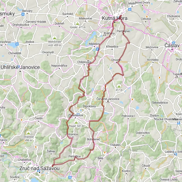 Mapa miniatúra "Cyklotúra Poličany - Dolní Pohleď" cyklistická inšpirácia v Střední Čechy, Czech Republic. Vygenerované cyklistickým plánovačom trás Tarmacs.app