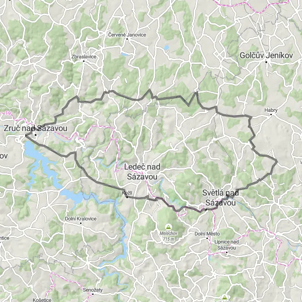 Miniaturní mapa "Okružní cyklistická trasa kolem Zruče nad Sázavou" inspirace pro cyklisty v oblasti Střední Čechy, Czech Republic. Vytvořeno pomocí plánovače tras Tarmacs.app
