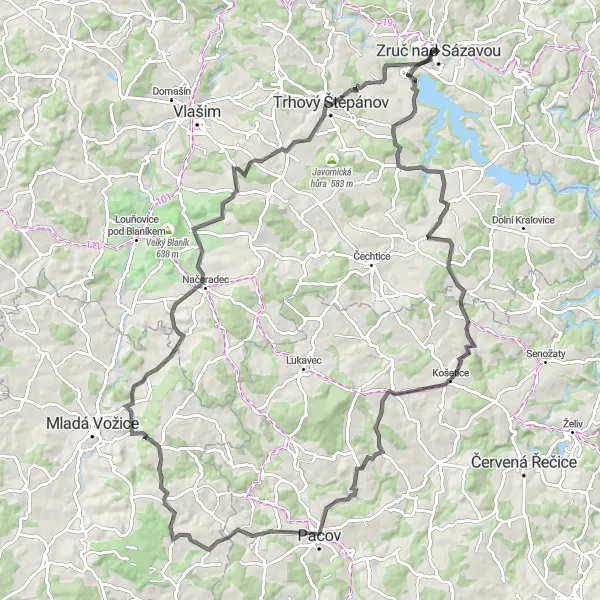 Mapa miniatúra "Cyklotrasa přes Lesnou a Bradáčov" cyklistická inšpirácia v Střední Čechy, Czech Republic. Vygenerované cyklistickým plánovačom trás Tarmacs.app