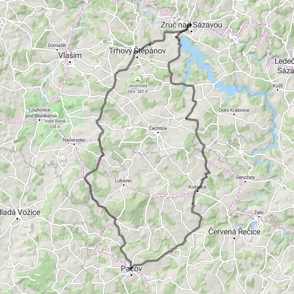 Miniaturní mapa "Cyklotrasa kolem Nesměřic" inspirace pro cyklisty v oblasti Střední Čechy, Czech Republic. Vytvořeno pomocí plánovače tras Tarmacs.app