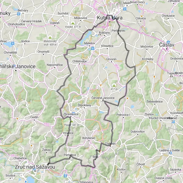 Karten-Miniaturansicht der Radinspiration "Hügelige Straßenfahrt durch malerische Dörfer" in Střední Čechy, Czech Republic. Erstellt vom Tarmacs.app-Routenplaner für Radtouren