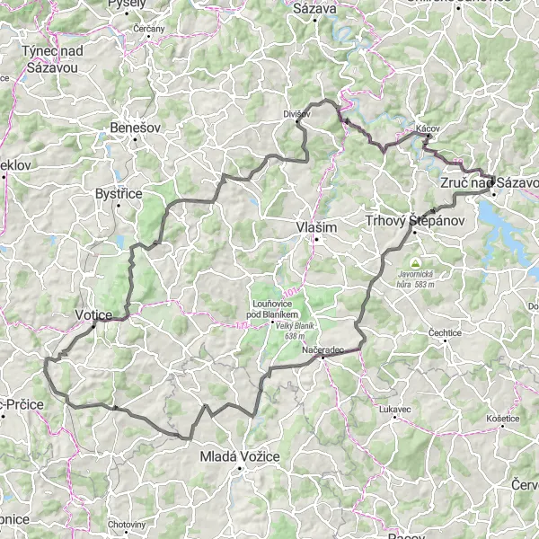 Map miniature of "The Hilly Circuit" cycling inspiration in Střední Čechy, Czech Republic. Generated by Tarmacs.app cycling route planner