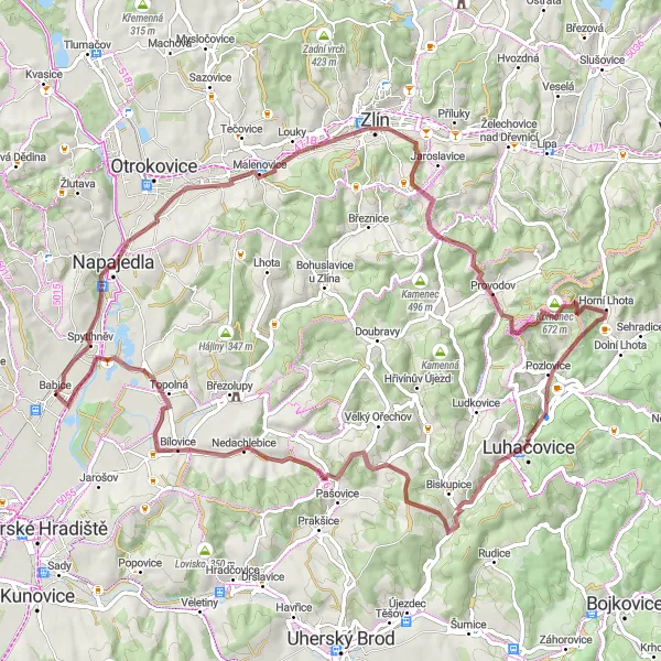 Map miniature of "Haunting Hills and Rolling Gravel" cycling inspiration in Střední Morava, Czech Republic. Generated by Tarmacs.app cycling route planner