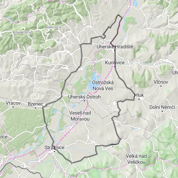 Map miniature of "Discover Uherské Hradiště" cycling inspiration in Střední Morava, Czech Republic. Generated by Tarmacs.app cycling route planner