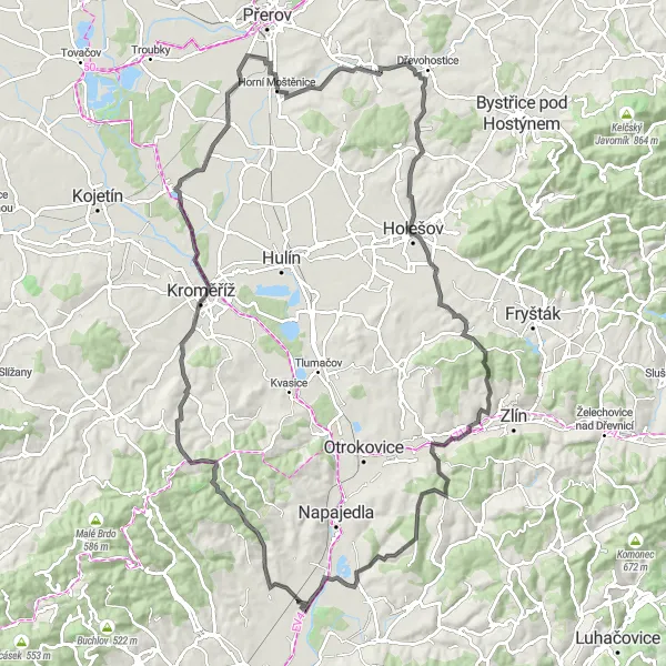 Map miniature of "Scenic Road Trip to Komárov" cycling inspiration in Střední Morava, Czech Republic. Generated by Tarmacs.app cycling route planner