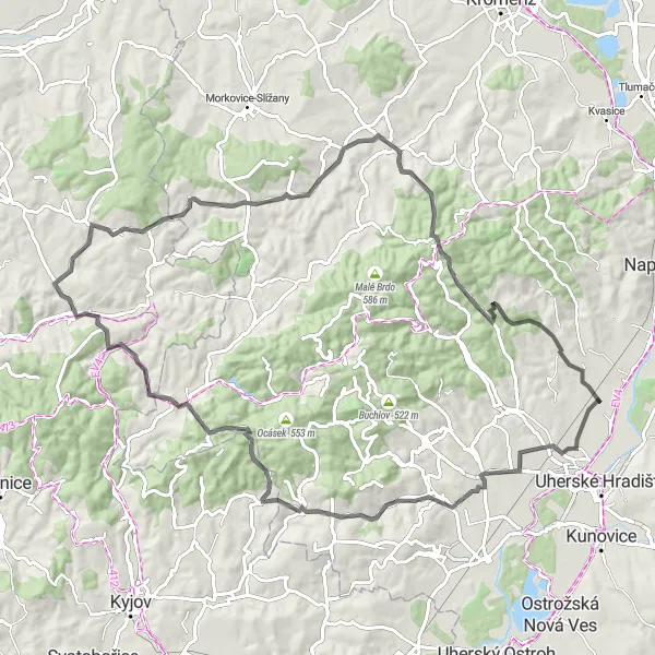 Map miniature of "Thrilling Ride Through Historic Landmarks" cycling inspiration in Střední Morava, Czech Republic. Generated by Tarmacs.app cycling route planner