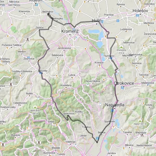 Map miniature of "Hills and Valleys on Two Wheels" cycling inspiration in Střední Morava, Czech Republic. Generated by Tarmacs.app cycling route planner