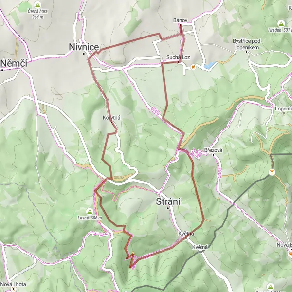 Miniatura mapy "Trasa rowerowa w okolicach Bánova" - trasy rowerowej w Střední Morava, Czech Republic. Wygenerowane przez planer tras rowerowych Tarmacs.app
