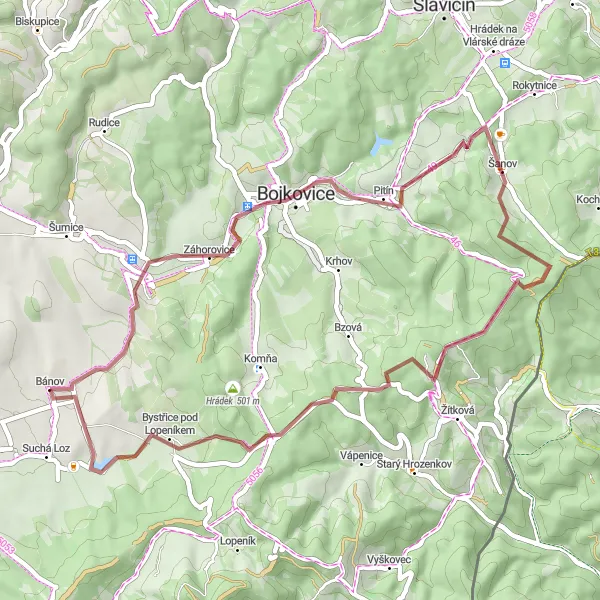 Mapa miniatúra "Gravelová cesta Bánov - Suchá Loz - Bystřice pod Lopeníkem" cyklistická inšpirácia v Střední Morava, Czech Republic. Vygenerované cyklistickým plánovačom trás Tarmacs.app