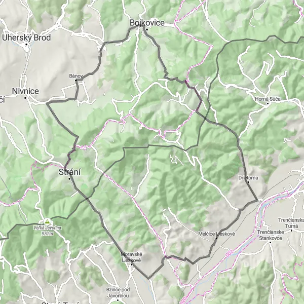 Mapa miniatúra "Cyklostezka Bánov - Suchá Loz - Dubina" cyklistická inšpirácia v Střední Morava, Czech Republic. Vygenerované cyklistickým plánovačom trás Tarmacs.app