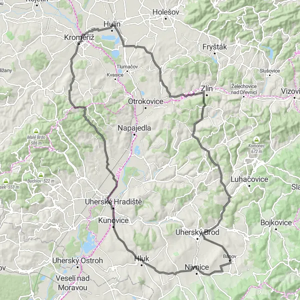 Miniaturní mapa "Okružní trasa po silnici okolo Bánova" inspirace pro cyklisty v oblasti Střední Morava, Czech Republic. Vytvořeno pomocí plánovače tras Tarmacs.app