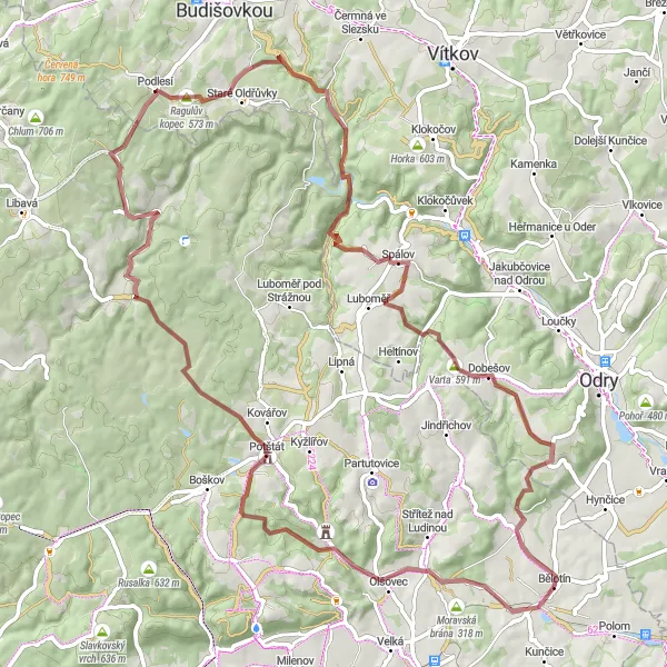 Map miniature of "Podlesí Gravel Adventure" cycling inspiration in Střední Morava, Czech Republic. Generated by Tarmacs.app cycling route planner