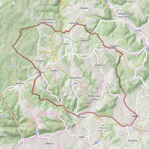 Miniaturní mapa "Gravel bike adventura přes Strážnou a Vartu" inspirace pro cyklisty v oblasti Střední Morava, Czech Republic. Vytvořeno pomocí plánovače tras Tarmacs.app