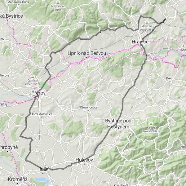 Mapa miniatúra "Cyklotúra okolo Bělotína" cyklistická inšpirácia v Střední Morava, Czech Republic. Vygenerované cyklistickým plánovačom trás Tarmacs.app