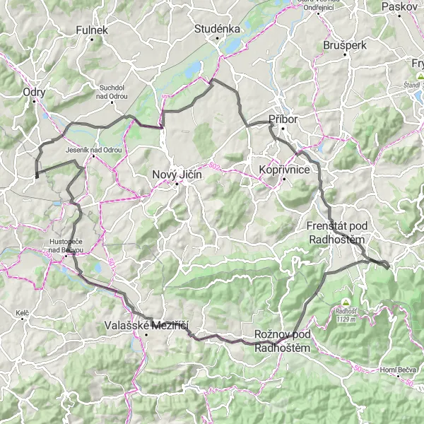 Miniaturní mapa "Cyklistický výlet kolem Kunína a Rožnova pod Radhoštěm" inspirace pro cyklisty v oblasti Střední Morava, Czech Republic. Vytvořeno pomocí plánovače tras Tarmacs.app