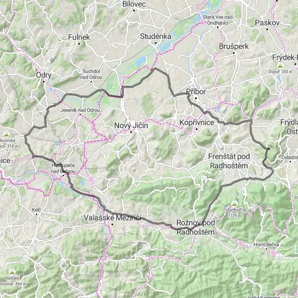 Miniaturní mapa "Cyklotrasa přes Vražné a Krásno nad Bečvou" inspirace pro cyklisty v oblasti Střední Morava, Czech Republic. Vytvořeno pomocí plánovače tras Tarmacs.app