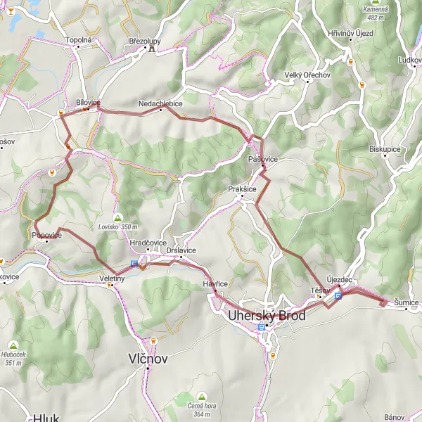 Miniaturní mapa "Gravel okruh Obce - Včelary" inspirace pro cyklisty v oblasti Střední Morava, Czech Republic. Vytvořeno pomocí plánovače tras Tarmacs.app