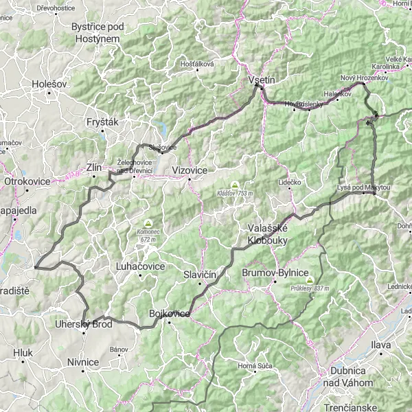 Mapa miniatúra "Oblast Střední Morava - Pretekářsky ďaleko" cyklistická inšpirácia v Střední Morava, Czech Republic. Vygenerované cyklistickým plánovačom trás Tarmacs.app