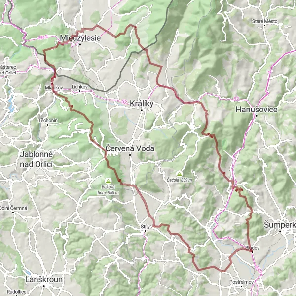 Miniaturní mapa "Horský výlet kolem Bludova" inspirace pro cyklisty v oblasti Střední Morava, Czech Republic. Vytvořeno pomocí plánovače tras Tarmacs.app