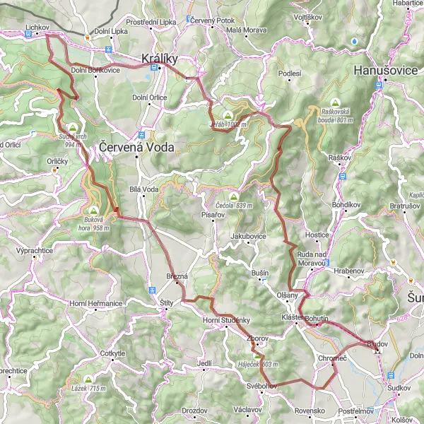 Mapa miniatúra "Trasa Postřelmůvek - Bohutín" cyklistická inšpirácia v Střední Morava, Czech Republic. Vygenerované cyklistickým plánovačom trás Tarmacs.app