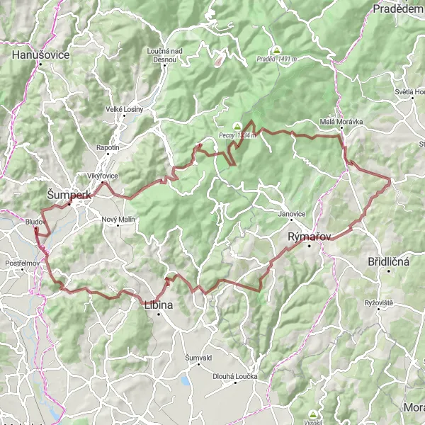 Miniaturní mapa "Gravelová výprava kolem Bludova" inspirace pro cyklisty v oblasti Střední Morava, Czech Republic. Vytvořeno pomocí plánovače tras Tarmacs.app