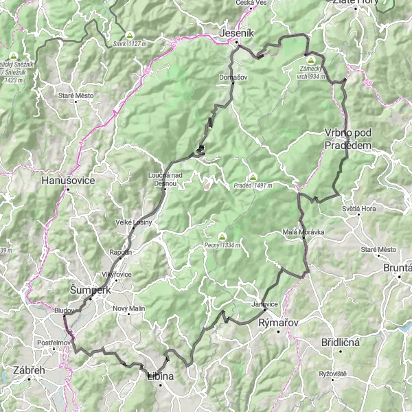 Mapa miniatúra "Výlet na bicykli okolo Střední Moravy" cyklistická inšpirácia v Střední Morava, Czech Republic. Vygenerované cyklistickým plánovačom trás Tarmacs.app