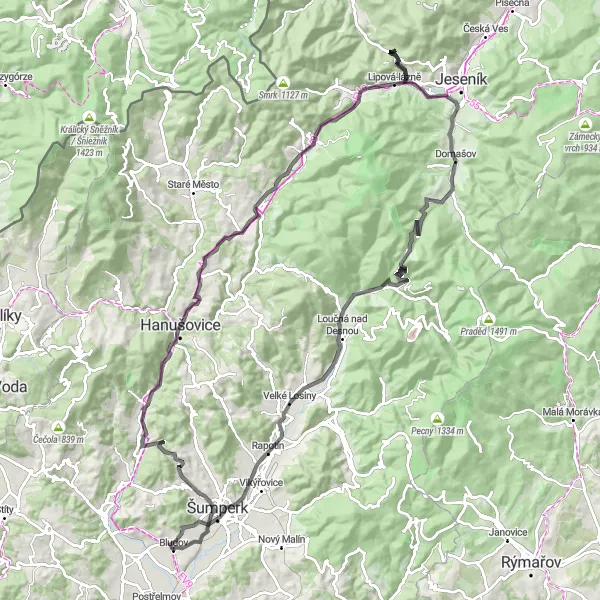 Map miniature of "Šumperk Circuit Road" cycling inspiration in Střední Morava, Czech Republic. Generated by Tarmacs.app cycling route planner