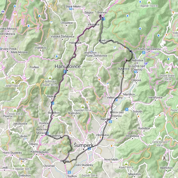 Map miniature of "Hanušovice Loop" cycling inspiration in Střední Morava, Czech Republic. Generated by Tarmacs.app cycling route planner