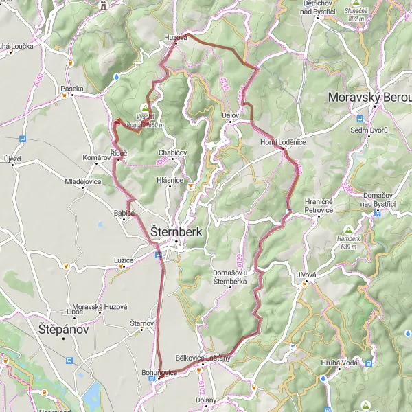 Miniaturní mapa "Gravelový výlet k Vysoké Roudné" inspirace pro cyklisty v oblasti Střední Morava, Czech Republic. Vytvořeno pomocí plánovače tras Tarmacs.app