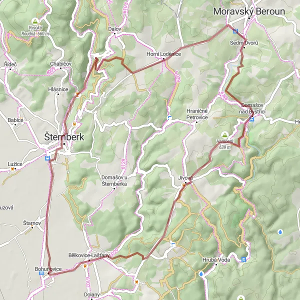 Miniaturní mapa "Gravelový okruh přes Hrad Šternberk" inspirace pro cyklisty v oblasti Střední Morava, Czech Republic. Vytvořeno pomocí plánovače tras Tarmacs.app