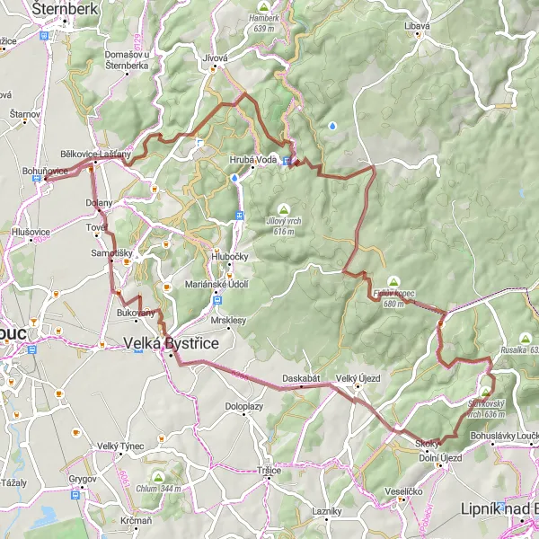 Miniaturní mapa "Gravel Bělkovice-Lašťany Circuit" inspirace pro cyklisty v oblasti Střední Morava, Czech Republic. Vytvořeno pomocí plánovače tras Tarmacs.app