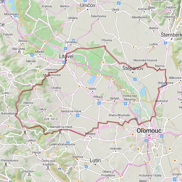 Miniaturní mapa "Gravel Řepčín Loop" inspirace pro cyklisty v oblasti Střední Morava, Czech Republic. Vytvořeno pomocí plánovače tras Tarmacs.app