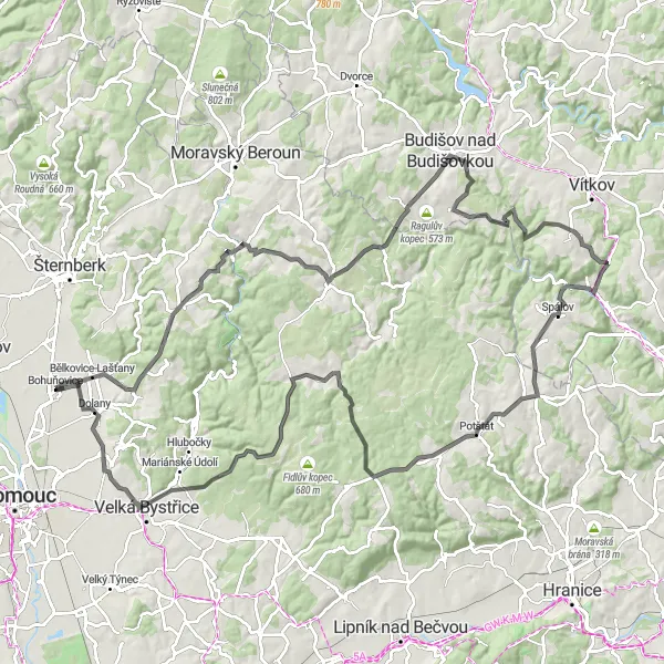 Miniaturní mapa "Okružní cyklistická trasa okolo Bohuňovic" inspirace pro cyklisty v oblasti Střední Morava, Czech Republic. Vytvořeno pomocí plánovače tras Tarmacs.app