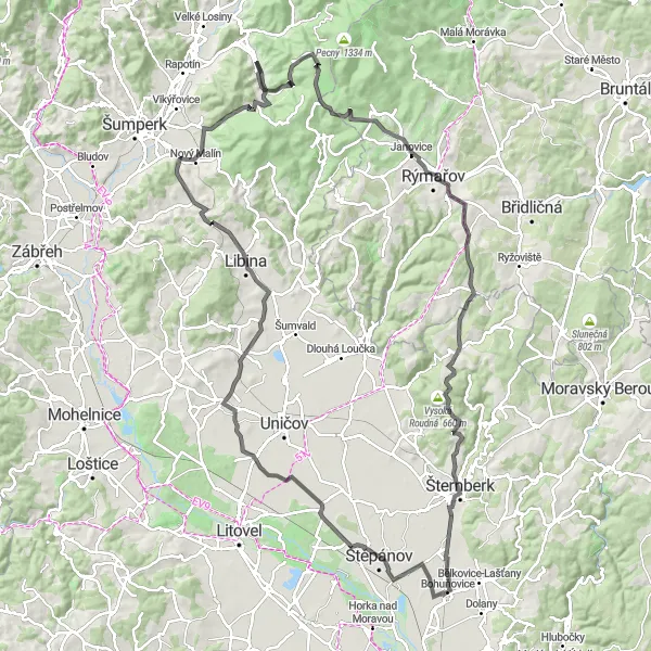 Map miniature of "Hidden Gems" cycling inspiration in Střední Morava, Czech Republic. Generated by Tarmacs.app cycling route planner