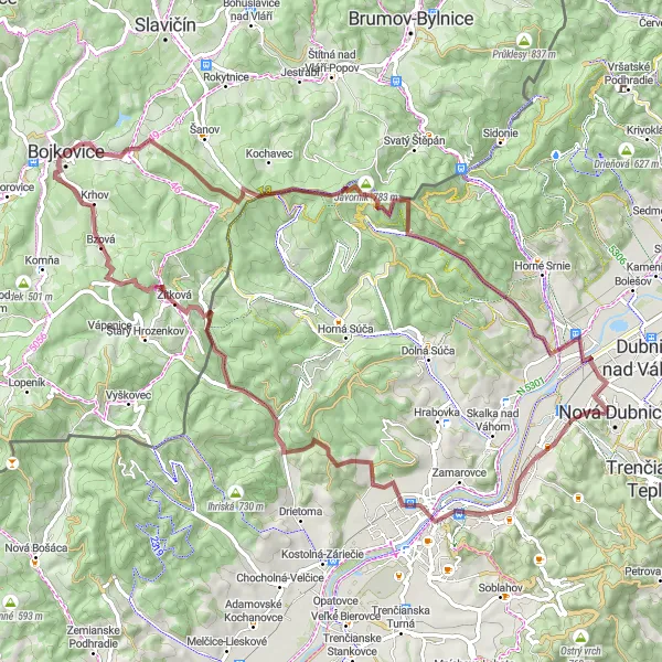 Miniaturní mapa "Gravelová cesta kolem Matúšovy věže" inspirace pro cyklisty v oblasti Střední Morava, Czech Republic. Vytvořeno pomocí plánovače tras Tarmacs.app